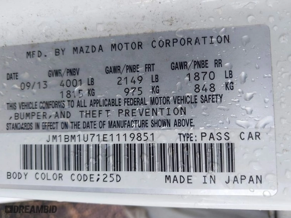 2014 Mazda Mazda3 i Sport with VIN JM1BM1U71E1119851, listed as a IAAI auction lot 40885232 with 76,431 mi miles. Bid and sale history available at carsss.com. Image 9.