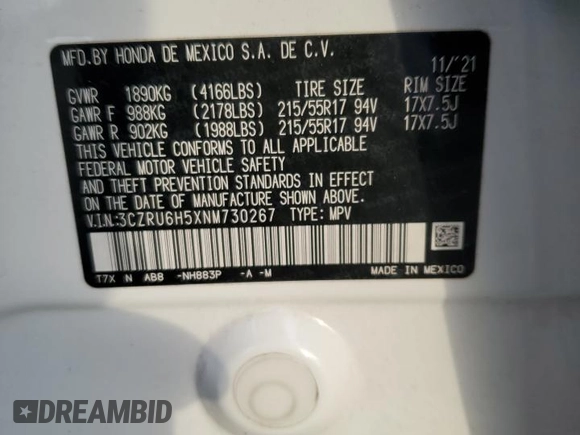 2022 Honda HR-V EX with VIN 3CZRU6H5XNM730267, listed as a Copart auction lot 42173515 with 62,619 mi miles and Salvage Title. Bid and sale history available at carsss.com. Image 15.