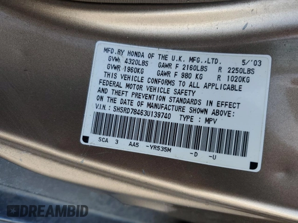 2003 Honda CR-V LX z VIN SHSRD78463U139740, wystawiony jako Copart lot #51506825 z przebiegiem 141 474 mil mil oraz Szkoda całkowita • Salvage title. Historia ofert i sprzedaży dostępna na DreamBid. Obrazek 13.