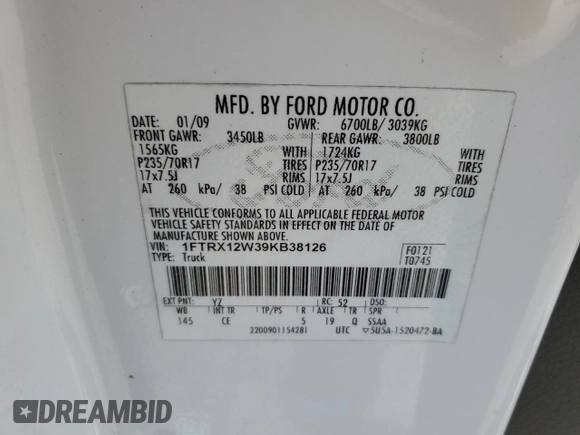 2009 Ford F-150 STX with VIN 1FTRX12W39KB38126, listed as a Copart auction lot 50437915 with 195,040 mi miles and Salvage title. Bid and sale history available at DreamBid. Image 14.