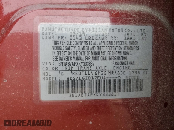 2019 Nissan Sentra S with VIN 3N1AB7APXKY333837, listed as a Copart auction lot 44355815 with 48,580 mi miles and Salvage Title. Bid and sale history available at DreamBid. Image 13.