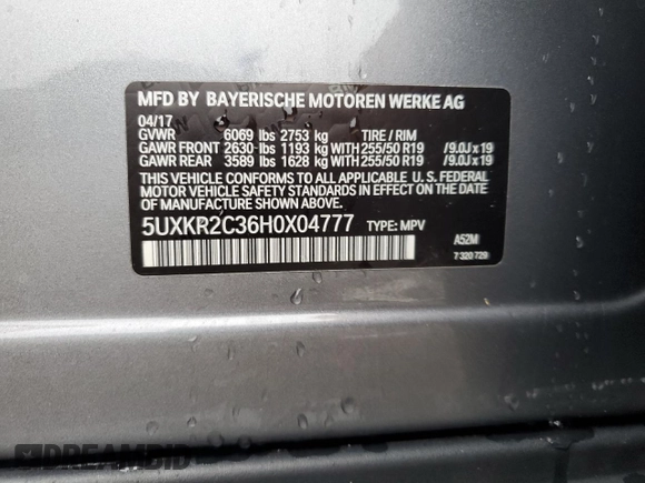 2017 BMW X5 sDrive35i with VIN 5UXKR2C36H0X04777, listed as a Copart auction lot 87718635 with 0 mi miles and Salvage Title. Bid and sale history available at carsss.com. Image 13.