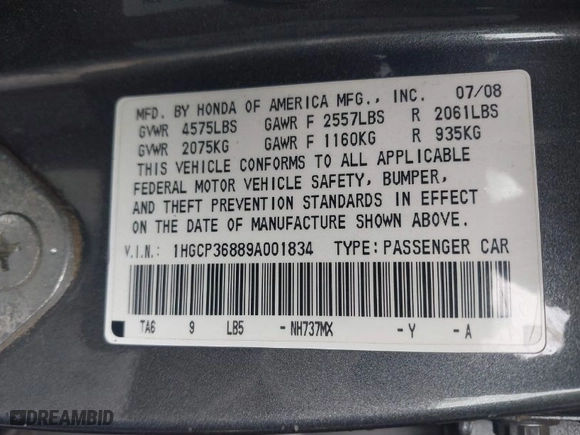 2009 Honda Accord Sdn EX-L with VIN 1HGCP36889A001834, listed as a IAAI auction lot 41857801 with 131867 miles. Bid and sale history available at carsss.com. Image 9.
