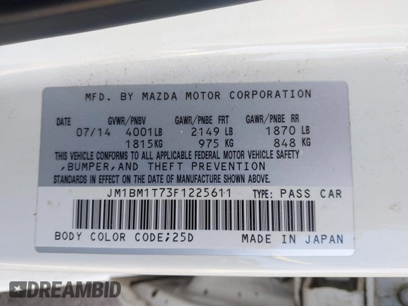 2015 Mazda 3 i SV with VIN JM1BM1T73F1225611, listed as a IAAI auction lot 41622606 with 115,892 mi miles. Bid and sale history available at carsss.com. Image 9.