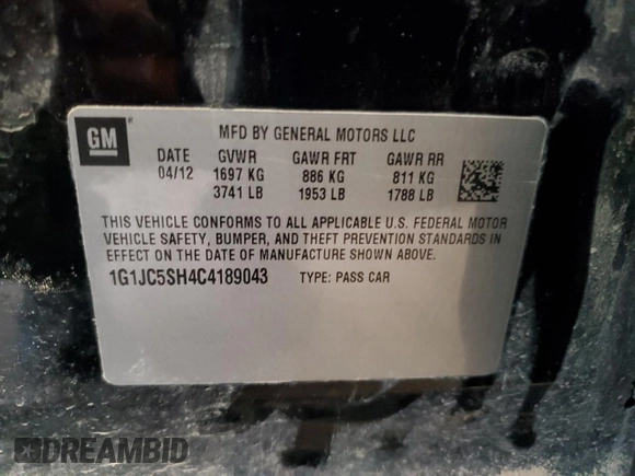 2012 Chevrolet Sonic LT with VIN 1G1JC5SH4C4189043, listed as a Copart auction lot 64846625 with Not provided miles and Salvage title. Bid and sale history available at DreamBid. Image 12.