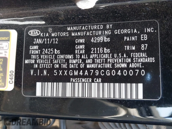 2012 Kia Optima LX with VIN 5XXGM4A79CG040070, listed as a IAAI auction lot 42106460 with 109,422 mi miles and . Bid and sale history available at carsss.com. Image 9.