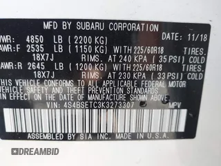 2019 Subaru Outback Touring with VIN 4S4BSETC3K3273307, listed as a IAAI auction lot 42738438 with 40,222 mi miles and . Bid and sale history available at DreamBid. Image 9.