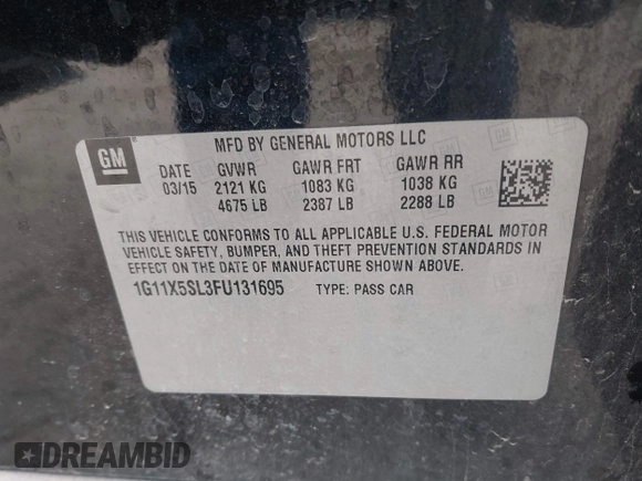 2015 Chevrolet Impala LS with VIN 1G11X5SL3FU131695, listed as a IAAI auction lot 41463906 with 104,380 mi miles and . Bid and sale history available at DreamBid. Image 9.