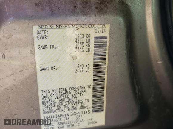 2015 Nissan Altima 2.5 SL with VIN 1N4AL3AP6FN304105, listed as a Copart auction lot 84735314 with 117,160 mi miles and Salvage Title. Bid and sale history available at carsss.com. Image 13.