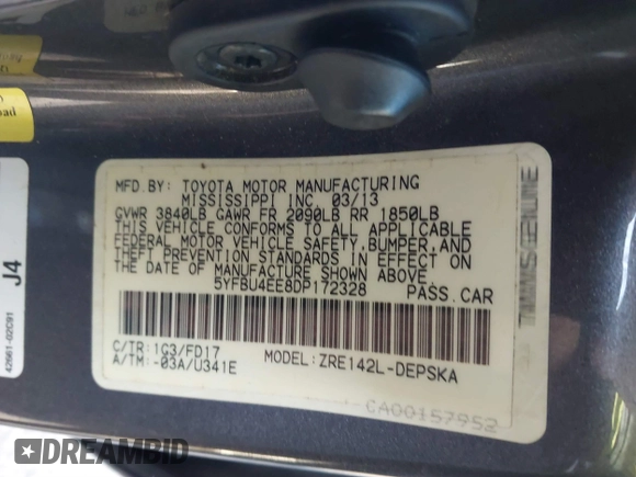 2013 Toyota Corolla L with VIN 5YFBU4EE8DP172328, listed as a IAAI auction lot 41734533 with 156,512 mi miles. Bid and sale history available at carsss.com. Image 9.