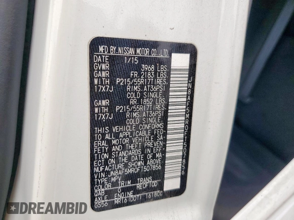 2015 Nissan Juke SV with VIN JN8AF5MR0FT507856, listed as a Copart auction lot 60616415 with 79,475 mi miles and Salvage title. Bid and sale history available at DreamBid. Image 14.