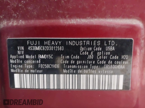 2013 Subaru Legacy Premium with VIN 4S3BMBC62D3012583, listed as a IAAI auction lot 42071682 with 98,248 mi miles and . Bid and sale history available at DreamBid. Image 9.
