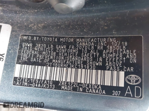 2019 Toyota Corolla L z VIN 2T1BURHE3KC191830, wystawiony jako IAAI lot #41798764 z przebiegiem 169 558 mil mil oraz . Historia ofert i sprzedaży dostępna na DreamBid. Obrazek 9.