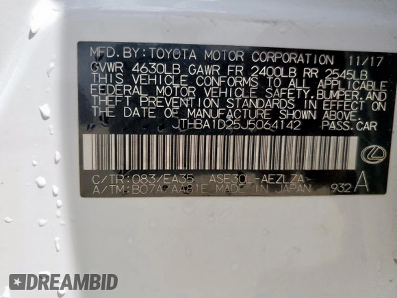 2018 Lexus IS 300 z VIN JTHBA1D25J5064142, wystawiony jako Copart lot #54236275 z przebiegiem 70 161 mil mil oraz Szkoda całkowita • Salvage title. Historia ofert i sprzedaży dostępna na DreamBid. Obrazek 12.