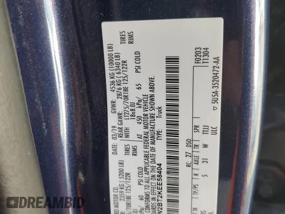 2019 Ford F-250 XL with VIN 1FT7W2BT2KEE58404, listed as a Copart auction lot 59939215 with 118,337 mi miles and Salvage title. Bid and sale history available at DreamBid. Image 12.