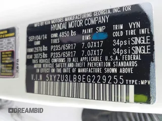 2014 Hyundai Santa Fe with VIN 5XYZU3LB9EG229255, listed as a IAAI auction lot 42407410 with 201,523 mi miles and . Bid and sale history available at DreamBid. Image 9.