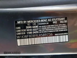 2020 Mercedes-Benz C 300 with VIN W1KWF8DB9LR589736, listed as a Copart auction lot 61863365 with 53,490 mi miles and Salvage title. Bid and sale history available at DreamBid. Image 13.