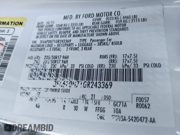 2016 Ford Fusion SE with VIN 3FA6P0H71GR243369, listed as a IAAI auction lot 41586316 with 161,009 mi miles. Bid and sale history available at carsss.com. Image 9.