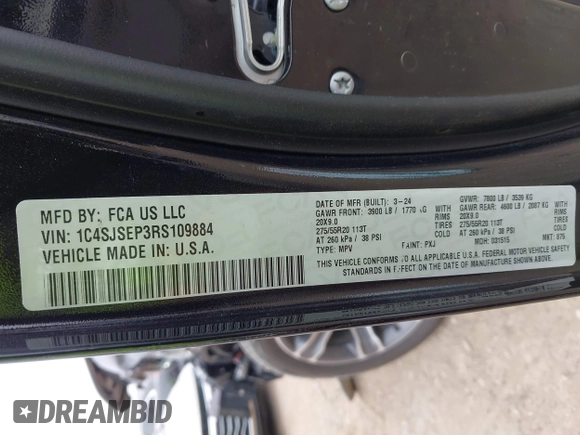 2024 Jeep Grand Wagoneer with VIN 1C4SJSEP3RS109884, listed as a IAAI auction lot 42603585 with 43,344 mi miles and . Bid and sale history available at DreamBid. Image 9.