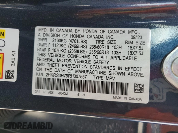 2024 Honda CR-V EX-L with VIN 2HKRS3H79RH307557, listed as a Copart auction lot 51147005 with 11,584 mi miles and Salvage Title. Bid and sale history available at DreamBid. Image 13.
