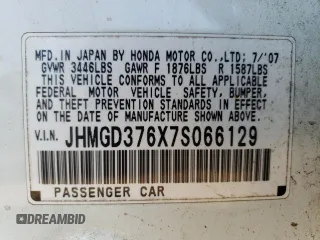 2007 Honda Fit Sport with VIN JHMGD376X7S066129, listed as a Copart auction lot 88861335 with 0 mi miles and Non Repairable. Bid and sale history available at carsss.com. Image 12.
