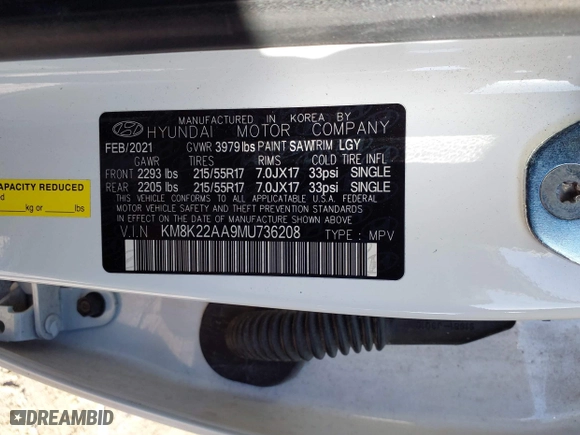 2021 Hyundai Kona SEL with VIN KM8K22AA9MU736208, listed as a IAAI auction lot 41452138 with 64,339 mi miles. Bid and sale history available at carsss.com. Image 9.