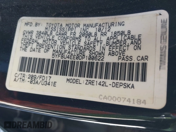2013 Toyota Corolla L with VIN 5YFBU4EE0DP100622, listed as a IAAI auction lot 41831575 with 139,538 mi miles and . Bid and sale history available at DreamBid. Image 9.