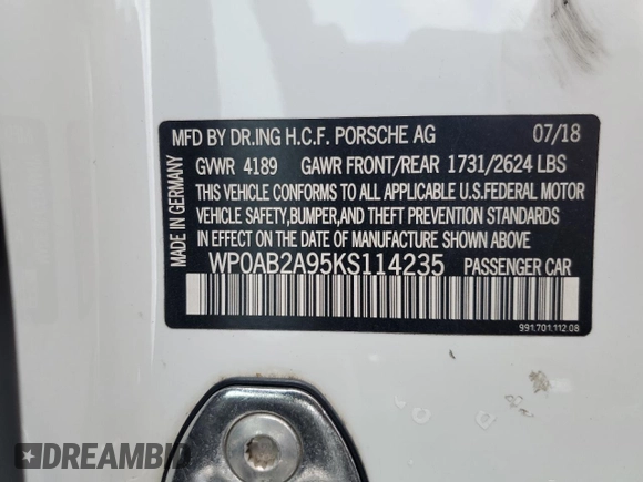2019 Porsche 911 Carrera S with VIN WP0AB2A95KS114235, listed as a Copart auction lot 53480114 with 43,488 mi miles and Salvage Title. Bid and sale history available at DreamBid. Image 14.