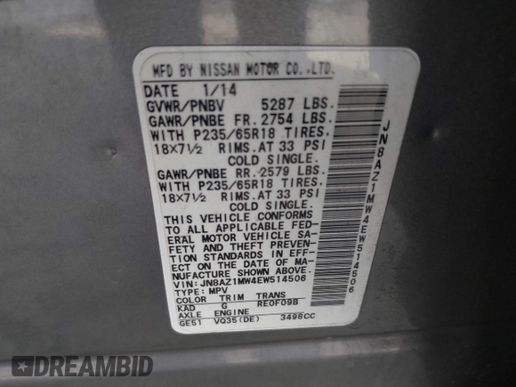 2014 Nissan Murano S with VIN JN8AZ1MW4EW514506, listed as a IAAI auction lot 41423337 with 127,981 mi miles and . Bid and sale history available at DreamBid. Image 9.