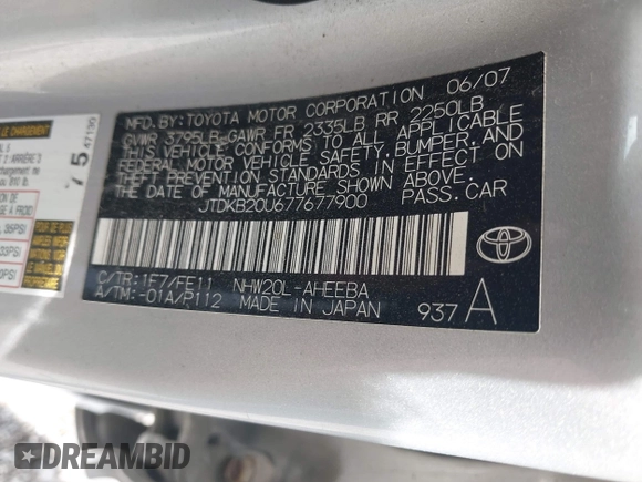 2007 Toyota Prius z VIN JTDKB20U677677900, wystawiony jako IAAI lot #42176780 z przebiegiem 246 442 mil mil oraz . Historia ofert i sprzedaży dostępna na DreamBid. Obrazek 9.