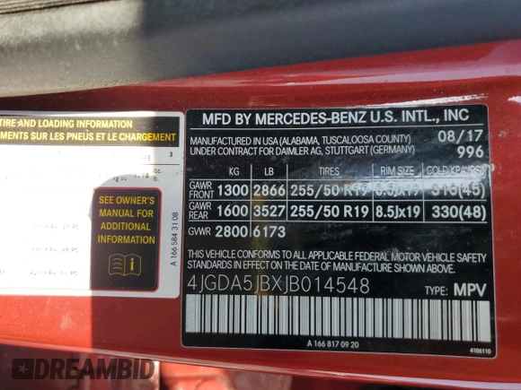 2018 Mercedes-Benz GLE 350 with VIN 4JGDA5JBXJB014548, listed as a Copart auction lot 56295215 with 99,320 mi miles and Salvage title. Bid and sale history available at DreamBid. Image 13.