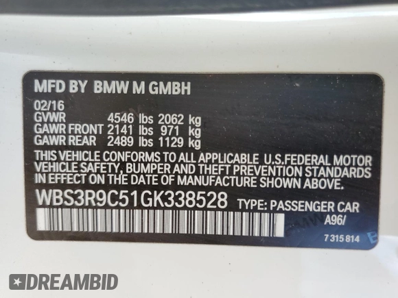 2016 BMW M4 with VIN WBS3R9C51GK338528, listed as a Copart auction lot 36171743 with 60,580 mi miles. Bid and sale history available at carsss.com. Image 12.