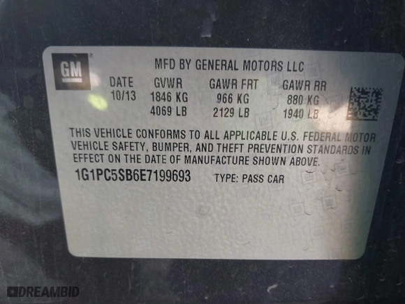 2014 Chevrolet Cruze 1LT with VIN 1G1PC5SB6E7199693, listed as a IAAI auction lot 42004060 with 97,231 mi miles. Bid and sale history available at carsss.com. Image 8.