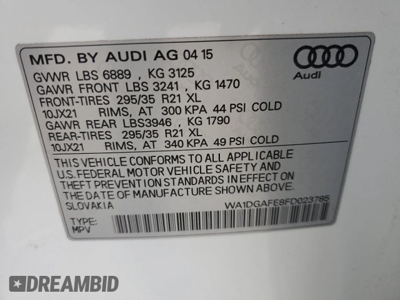 2015 Audi Q7 S line Prestige z VIN WA1DGAFE8FD023785, wystawiony jako Copart lot #56737425 z przebiegiem 134 926 mil mil oraz Szkoda całkowita • Salvage title. Historia ofert i sprzedaży dostępna na DreamBid. Obrazek 13.