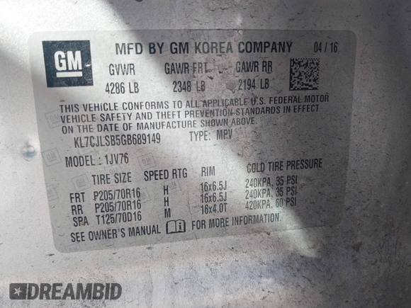 2016 Chevrolet Trax LT with VIN KL7CJLSB5GB689149, listed as a IAAI auction lot 42192237 with 158,935 mi miles and . Bid and sale history available at DreamBid. Image 9.