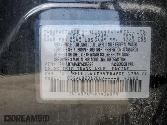 2019 Nissan Sentra SV with VIN 3N1AB7AP4KY436879, listed as a Copart auction lot 53549785 with 55,367 mi miles and Salvage Title. Bid and sale history available at DreamBid. Image 12.