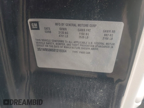 2008 Chevrolet Impala LS z VIN 2G1WB58K681216564, wystawiony jako IAAI lot #42288699 z przebiegiem 34 973 mil mil oraz . Historia ofert i sprzedaży dostępna na DreamBid. Obrazek 9.