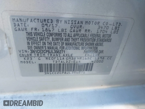 2018 Nissan Note SV с VIN 3N1CE2CP8JL356271, выставлен на аукционе IAAI как лот 42133727 с пробегом 176 713 миль миль и . История ставок и продаж доступна на DreamBid. Изображение 9.