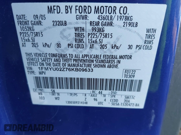 2006 Ford Escape XLS with VIN 1FMYU02Z76KB09633, listed as a IAAI auction lot 41651536 with 94,528 mi miles and . Bid and sale history available at DreamBid. Image 9.