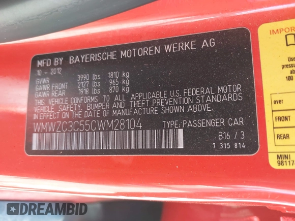 2012 MINI Countryman S z VIN WMWZC3C55CWM28104, wystawiony jako IAAI lot #41876256 z przebiegiem 117 932 mil mil oraz . Historia ofert i sprzedaży dostępna na DreamBid. Obrazek 9.