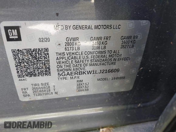2020 Buick Enclave Essence with VIN 5GAERBKW1LJ216609, listed as a IAAI auction lot 42027232 with 64,224 mi miles. Bid and sale history available at carsss.com. Image 9.