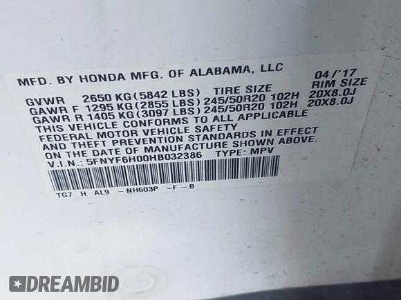 2017 Honda Pilot Elite with VIN 5FNYF6H00HB032386, listed as a IAAI auction lot 41976702 with 153,251 mi miles and . Bid and sale history available at DreamBid. Image 9.
