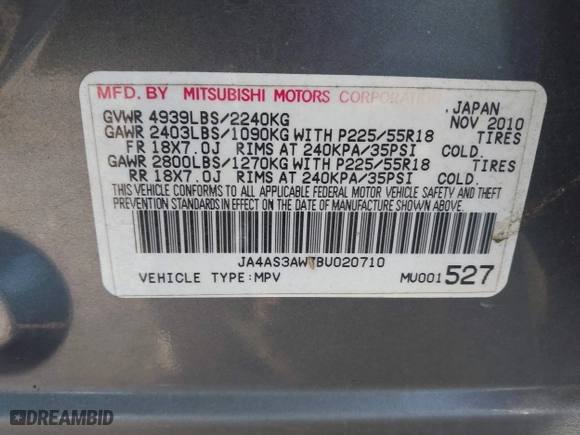 2011 Mitsubishi Outlander SE with VIN JA4AS3AW7BU020710, listed as a IAAI auction lot 41886025 with 195,234 mi miles. Bid and sale history available at carsss.com. Image 9.