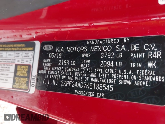 2019 Kia Forte LXS with VIN 3KPF24AD7KE138545, listed as a IAAI auction lot 41674333 with 81,779 mi miles. Bid and sale history available at carsss.com. Image 9.