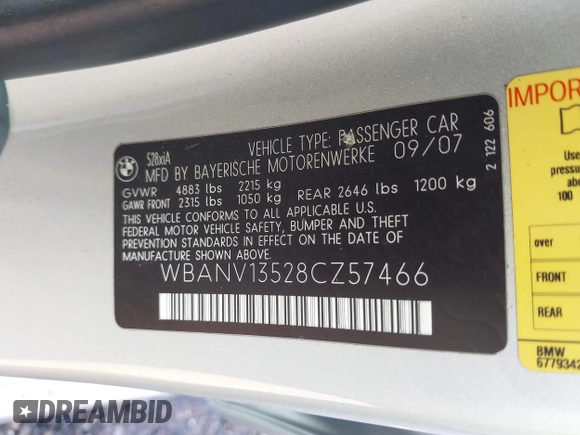 2008 BMW 5 Series 528xi with VIN WBANV13528CZ57466, listed as a IAAI auction lot 41638686 with 152,057 mi miles and . Bid and sale history available at carsss.com. Image 9.