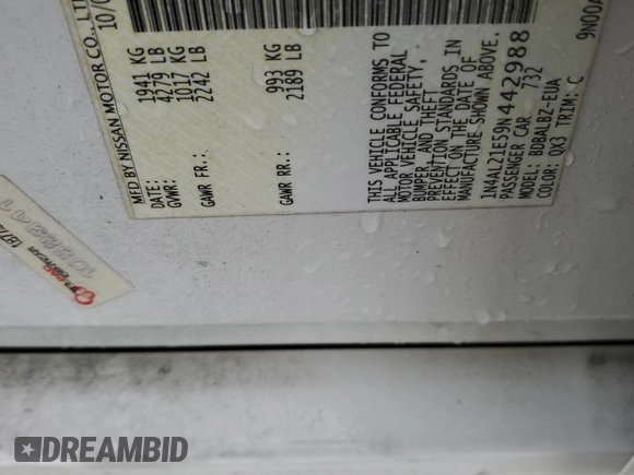 2009 Nissan Altima SL with VIN 1N4AL21E59N442988, listed as a Copart auction lot 53620115 with 216,087 mi miles and Salvage Title. Bid and sale history available at DreamBid. Image 12.