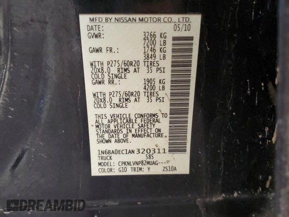 2010 Nissan Titan LE with VIN 1N6BA0EC1AN320311, listed as a Copart auction lot 85157484 with 234,050 mi miles and Salvage Title. Bid and sale history available at carsss.com. Image 12.