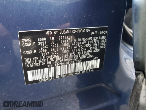 2020 Subaru Ascent Limited с VIN 4S4WMAPD8L3475326, выставлен на аукционе Copart как лот 58832665 с пробегом 53 628 миль миль и Списание • Salvage title. История ставок и продаж доступна на DreamBid. Изображение 14.