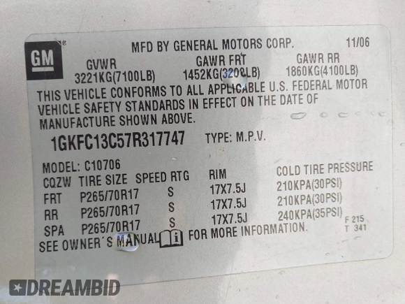 2007 GMC Yukon SLE w/3SA with VIN 1GKFC13C57R317747, listed as a IAAI auction lot 41628540 with 204,705 mi miles. Bid and sale history available at carsss.com. Image 9.