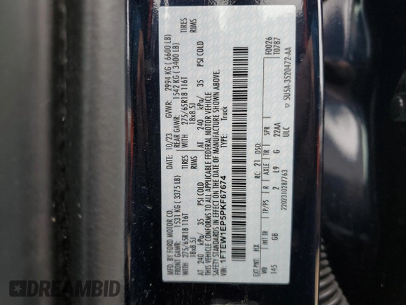2023 Ford F-150 XL with VIN 1FTEW1EP5PKF67674, listed as a Copart auction lot 50348795 with 23,176 mi miles and Salvage title. Bid and sale history available at DreamBid. Image 15.